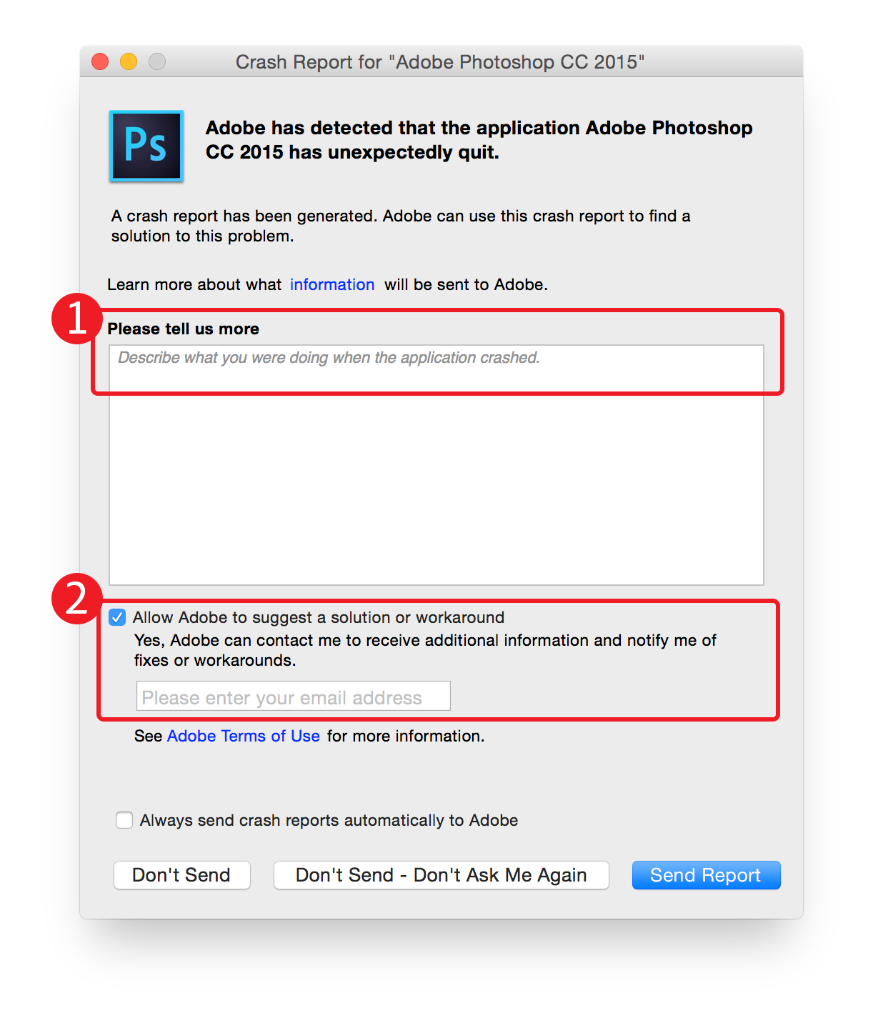 שליחת דוח קריסה של Photoshop
