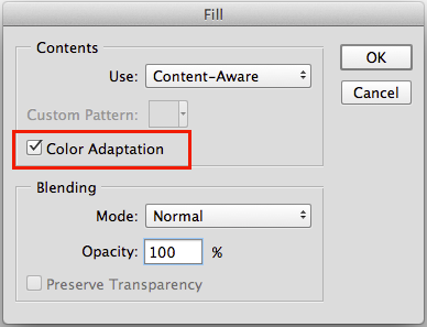 Content Aware Fill עם התאמת צבעים ב- Photoshop