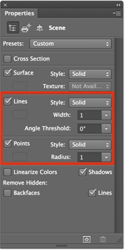 מעקב אחר קרני אור בקווים/נקודות בחלונית Properties ב- Photoshop