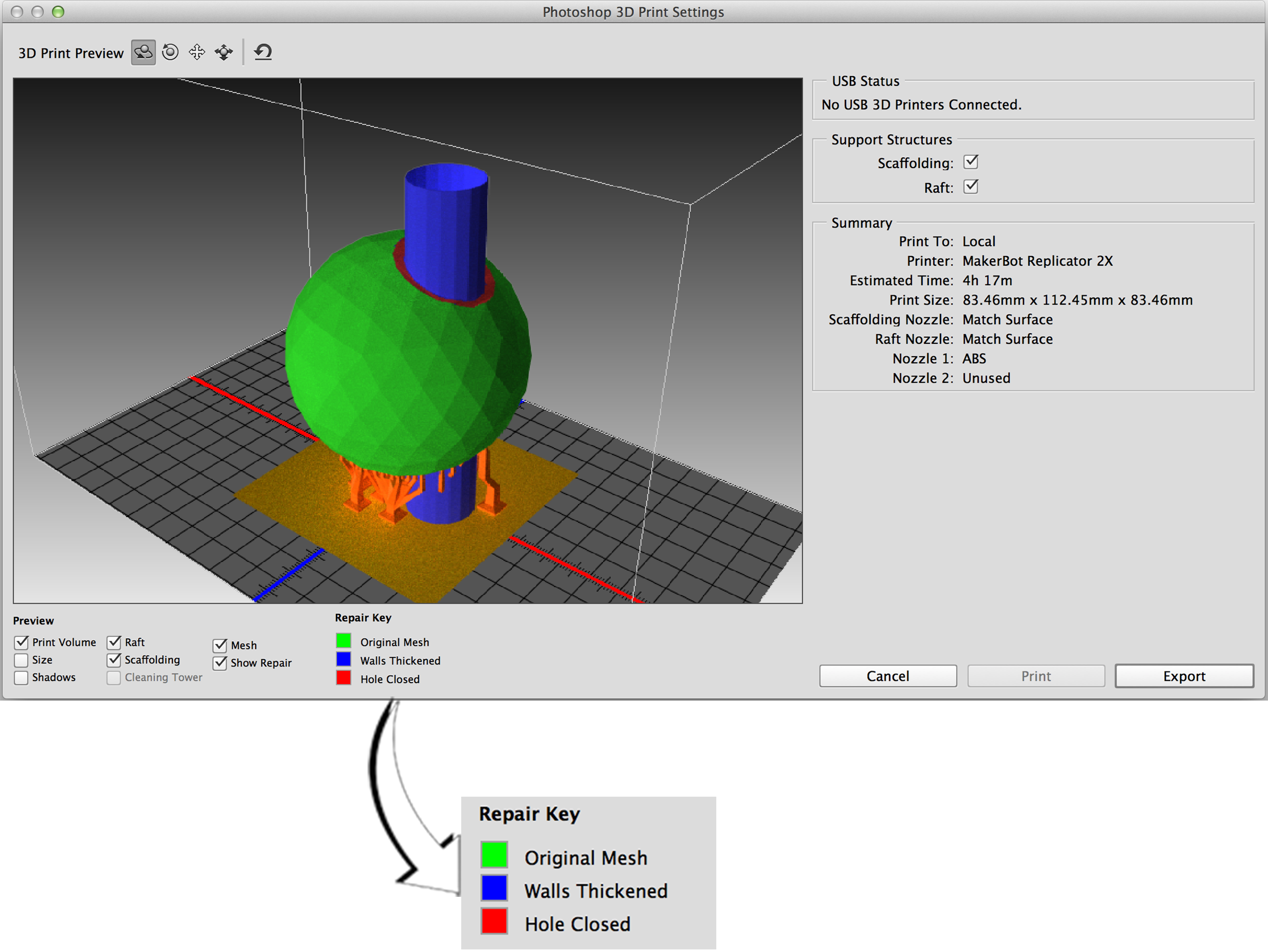 הצגה לפני הדפסה שמציגה את המשטחים שתוקנו ב- Photoshop