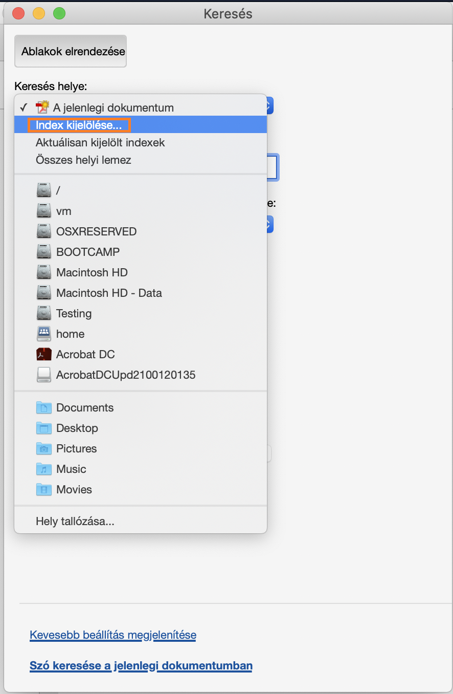 A dokumentumhoz tartozó keresési index betöltésével kapcsolatos hiba