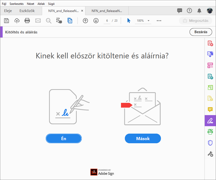 A Kitöltés és aláírás kezdőoldala