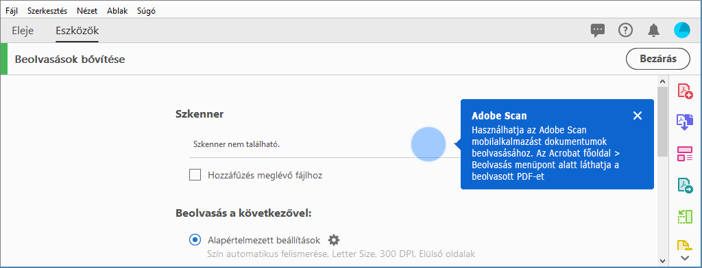 Kontextuális tipp az Adobe Scan mobilalkalmazás használatával kapcsolatban, ha nem található lapolvasó