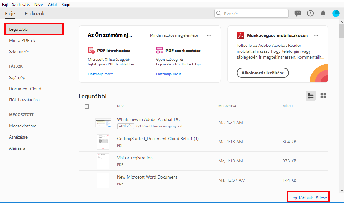 Legutóbbi fájlok törlése
