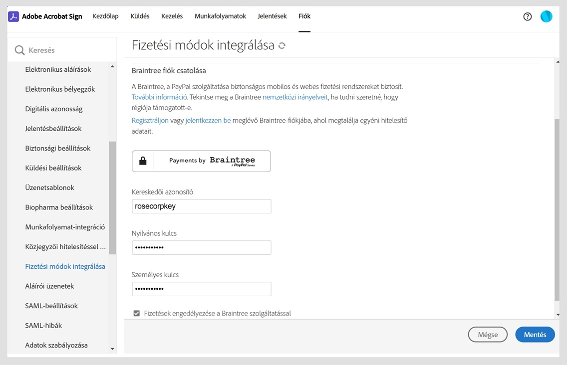 Az Acrobat Sign Fizetés integrálása oldal az új kereskedői adatok megadásának és mentésének lehetőségeit mutatja az online fizetésbeszedés frissítéséhez.