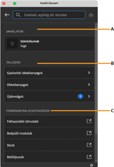 A Felfedezés panel felülete az Illustrator munkaterületen belül