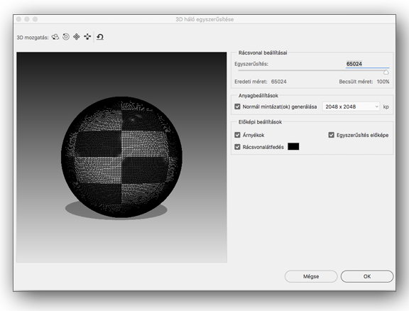 A 3D háló egyszerűsítése párbeszédpanelen található beállítások a Photoshopban