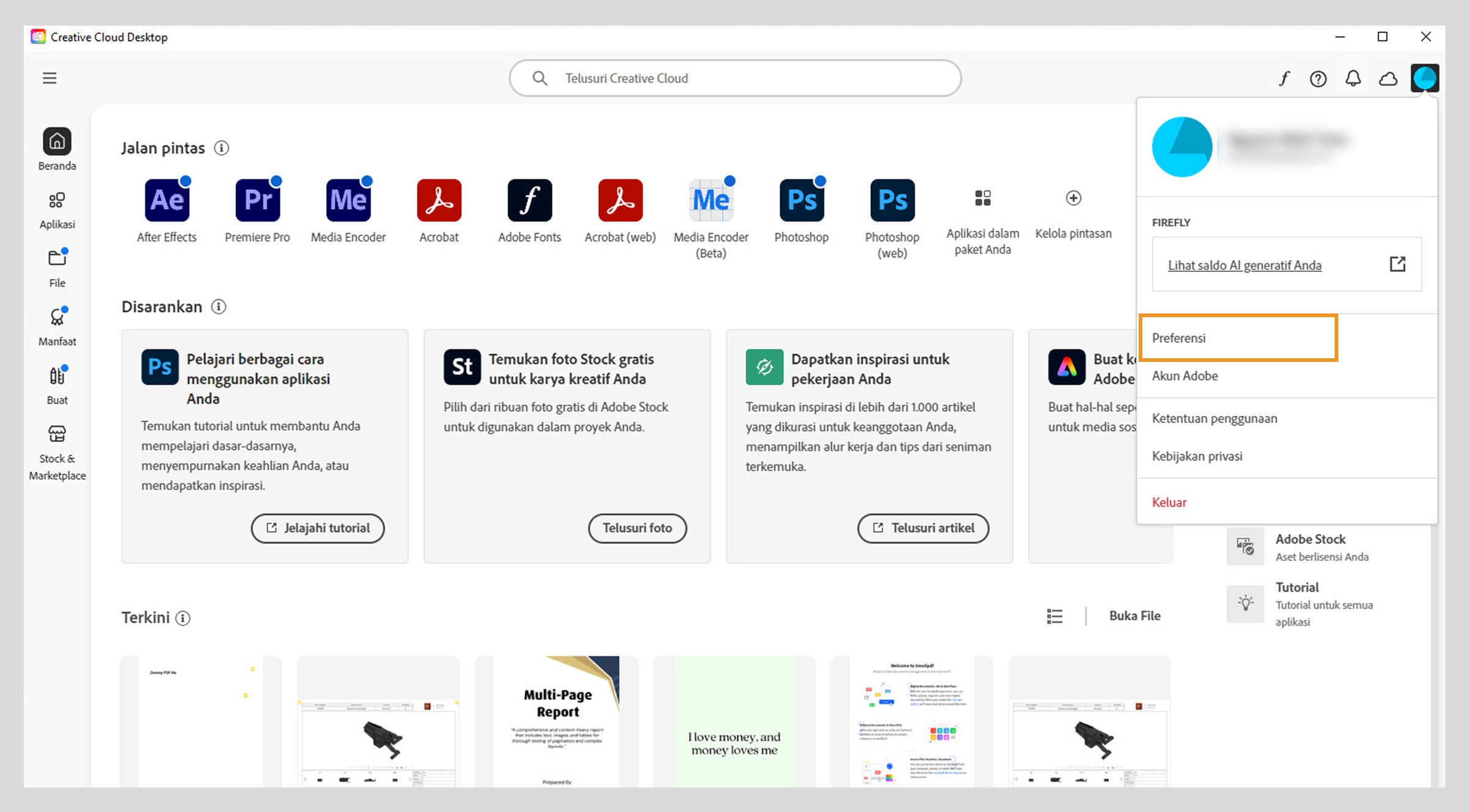 Menu Akun menampilkan opsi seperti Preferensi, Logout, dan kredit generatif bulanan untuk fitur Gen AI.