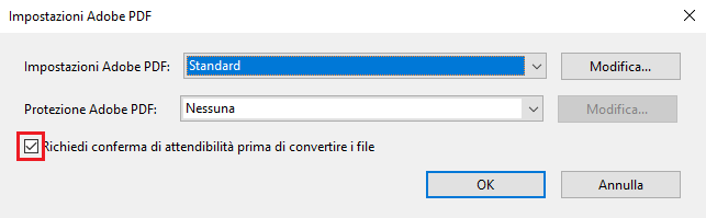 Deseleziona per disabilitare la finestra di dialogo di sicurezza