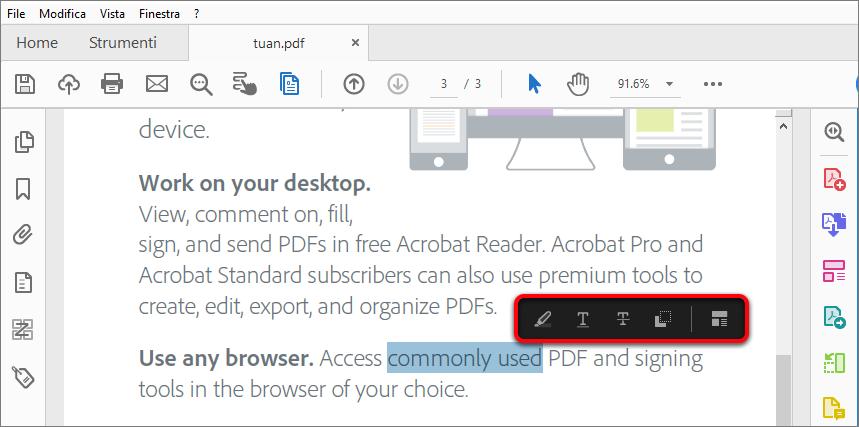 Azioni disponibili quando si seleziona del testo