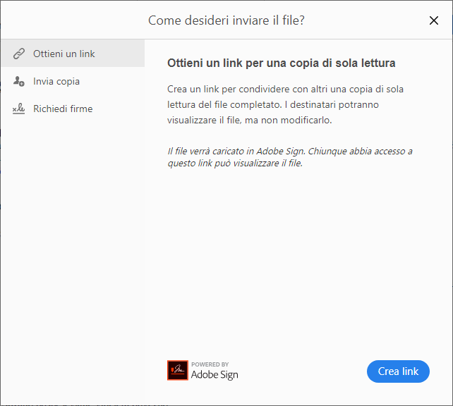 Opzioni di condivisione per modulo compilato