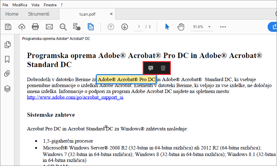 Azioni disponibili quando si seleziona un’evidenziazione