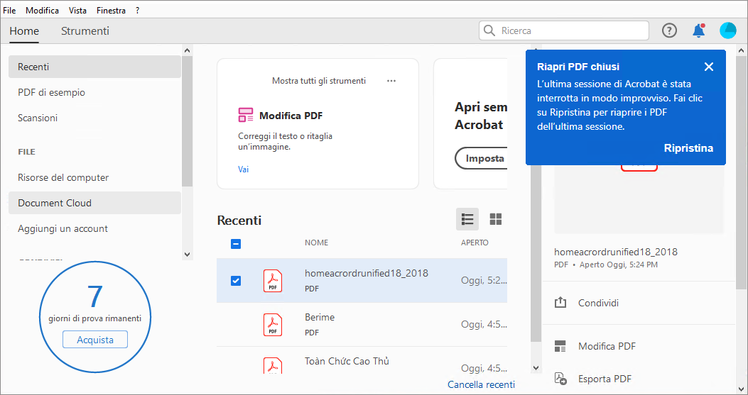 Riaprire i PDF chiusi