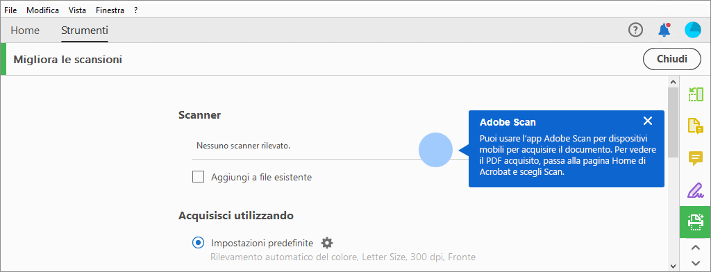Suggerimento contestuale che propone di usare l’app Adobe Scan per dispositivi mobili se non viene trovato alcuno scanner