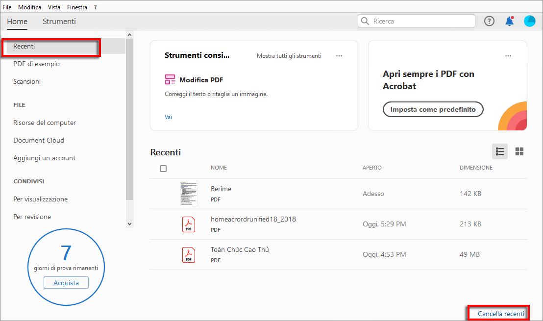 Cancellare i file recenti