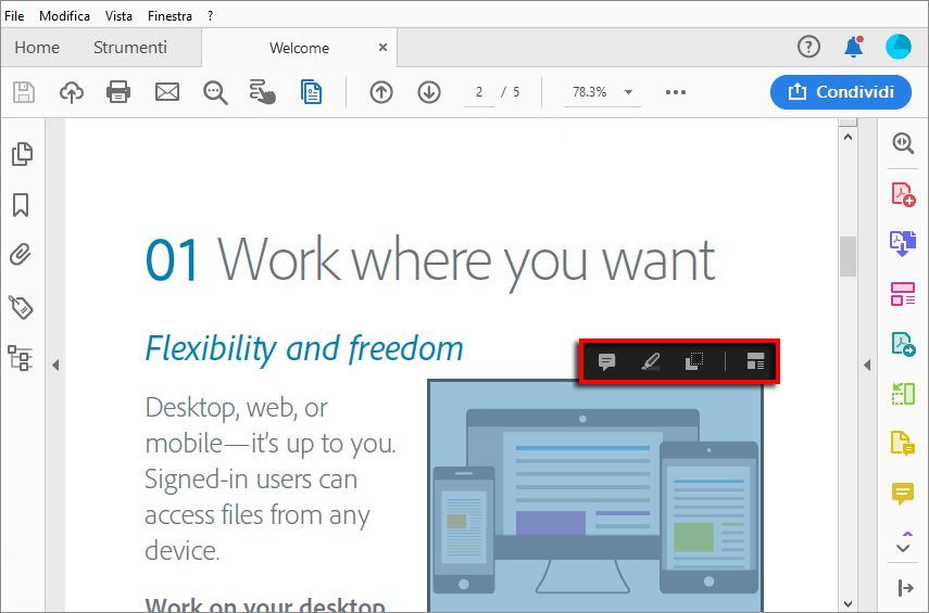 Azioni disponibili quando si seleziona un’immagine