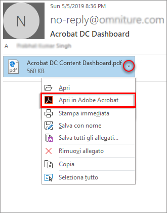 Opzione Apri in Acrobat nell’elenco a discesa dell’allegato
