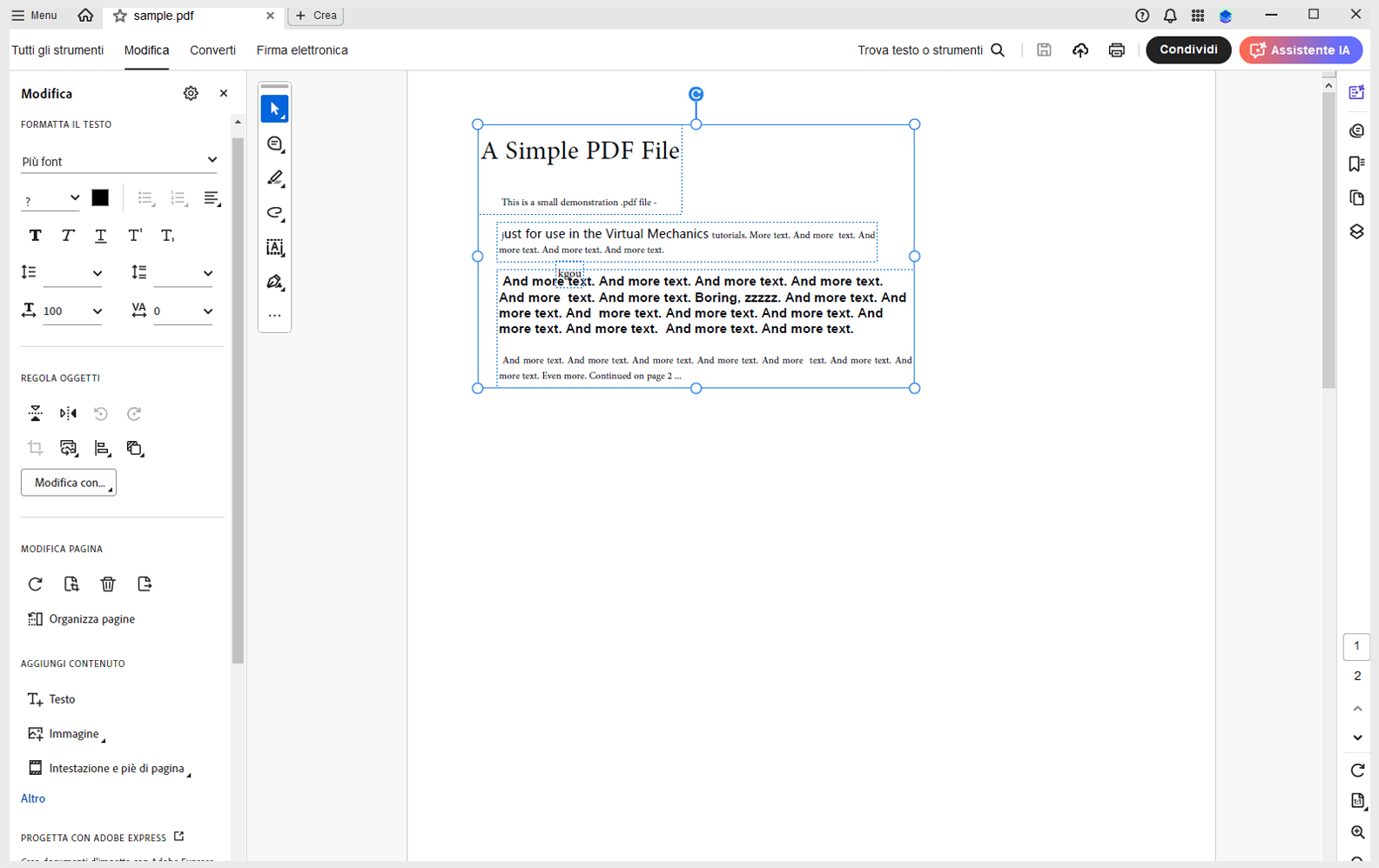 rettangoli di selezione in modalità di modifica di un PDF
