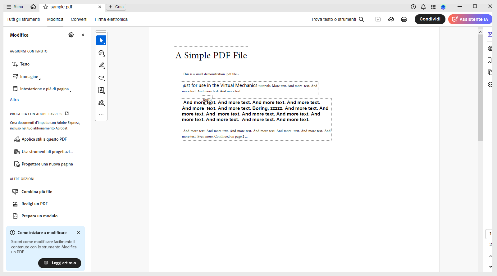 guida contestuale per un PDF in modalità di modifica 