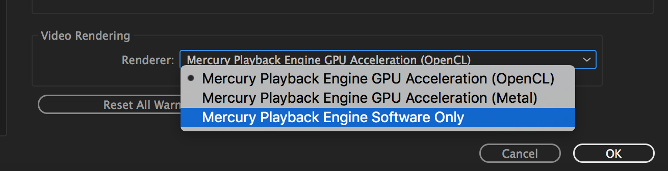 Impostazione del modulo di rendering su Solo software Mercury Playback Engine