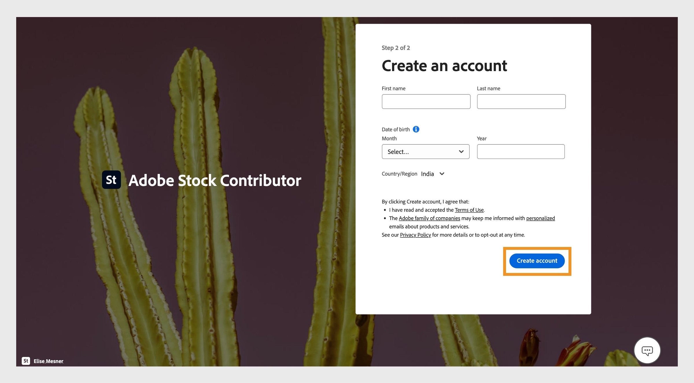 Il pulsante Crea account nell'angolo in basso a destra dello schermo consente di creare l'account Adobe dopo aver inserito i dettagli personali richiesti. 