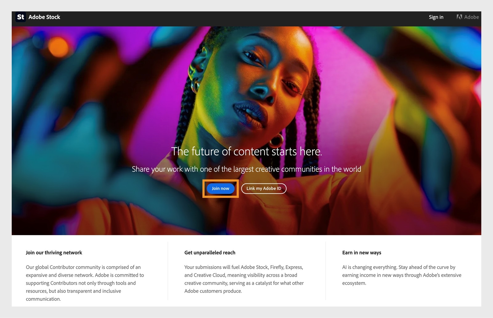 Il pulsante Partecipa ora, disponibile nella pagina principale di Adobe Stock, consente di creare un account Adobe per registrarsi come Stock contributor.