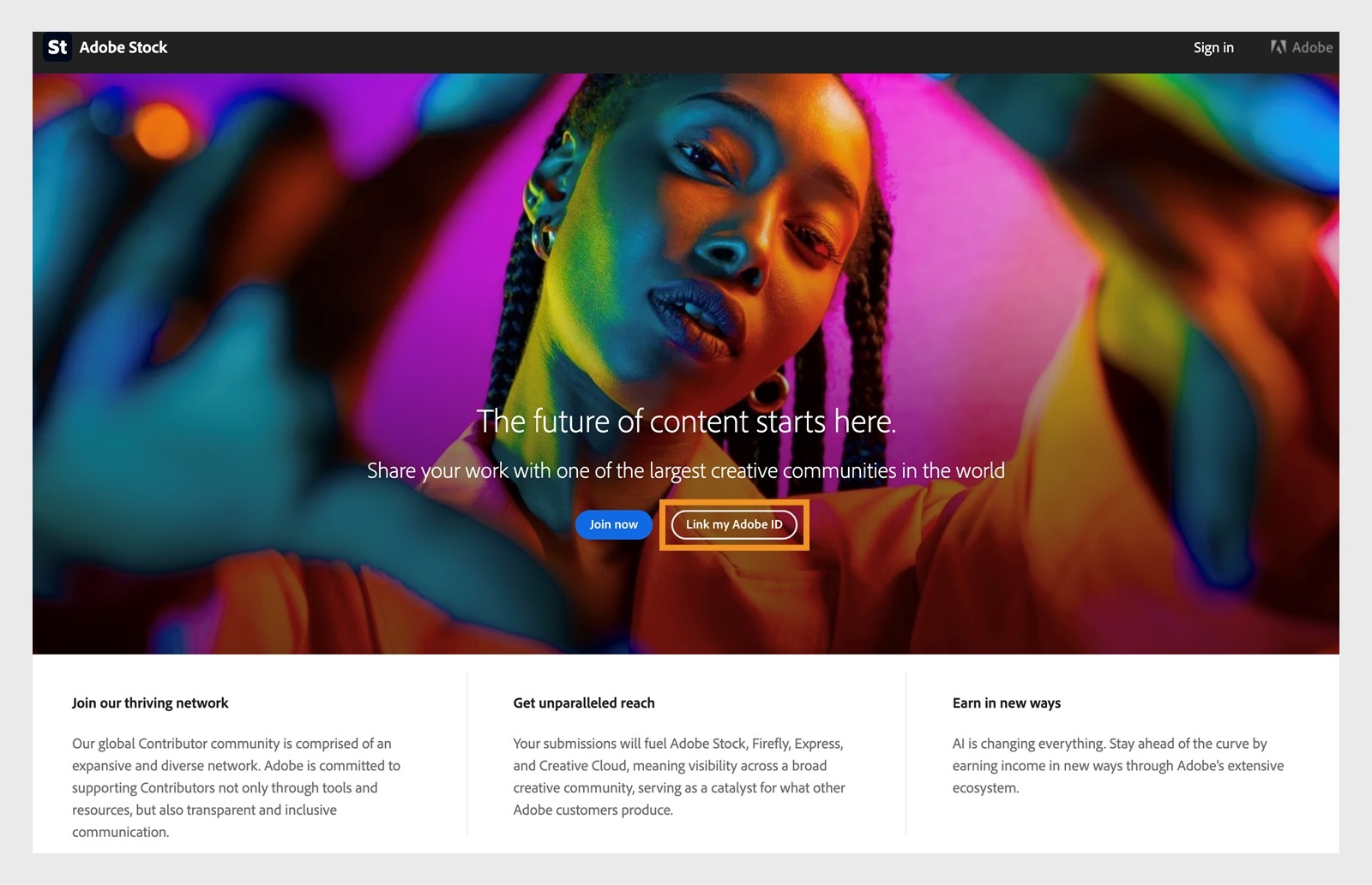 Il pulsante Collega Adobe ID, disponibile nella home page di Adobe Stock, ti permette di usare l'Adobe account esistente per registrarti come contributore Stock.