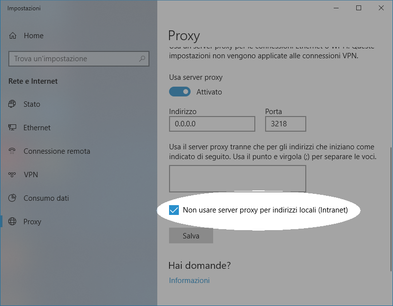 Configurate il proxy in Windows 10 per lavorare con le librerie - Fase 2