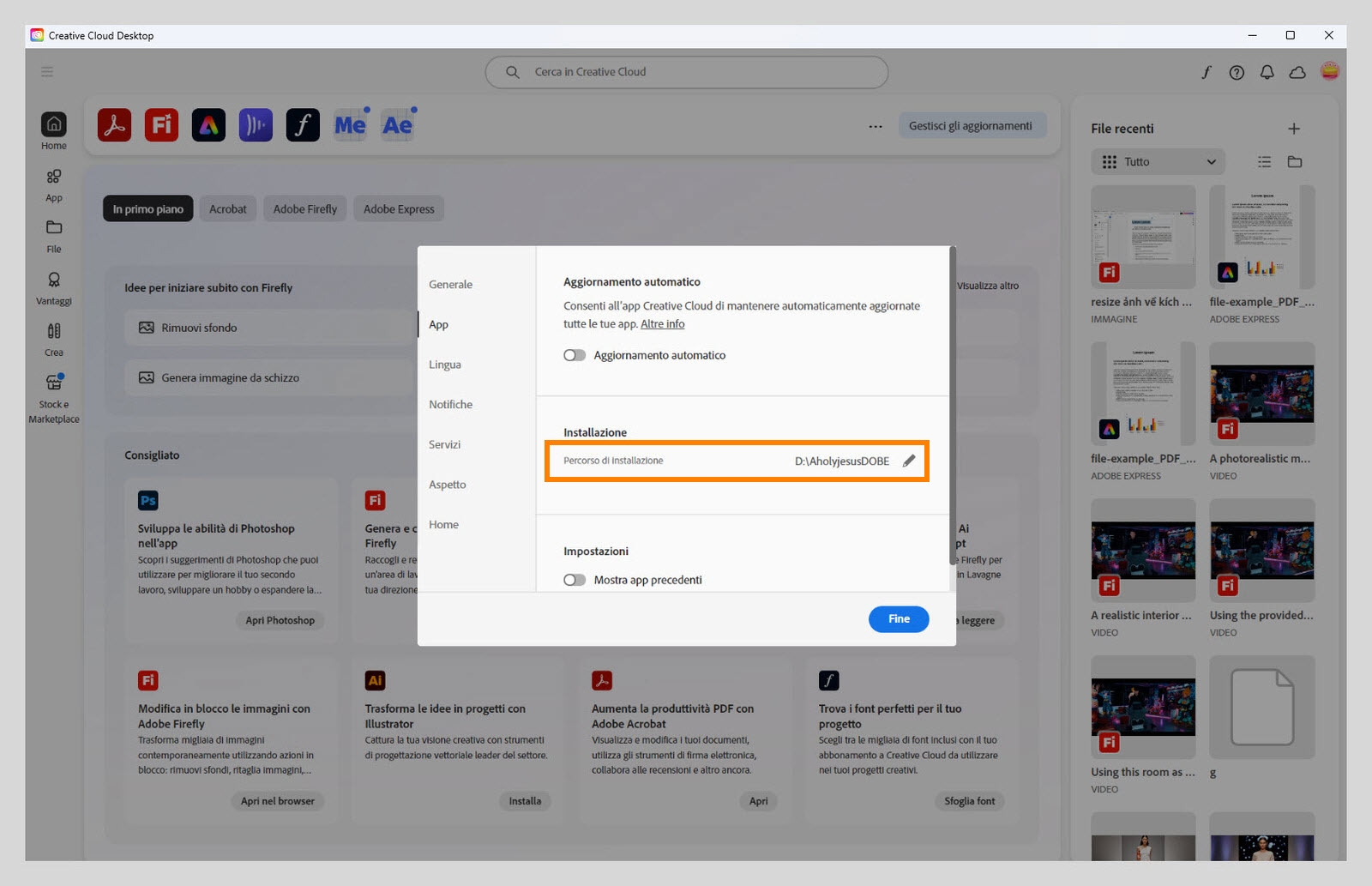 Pannello delle preferenze di Adobe Creative Cloud aperto nella scheda “Applicazioni”, che evidenzia la sezione “Installazione” dove gli utenti possono impostare la posizione di installazione predefinita.