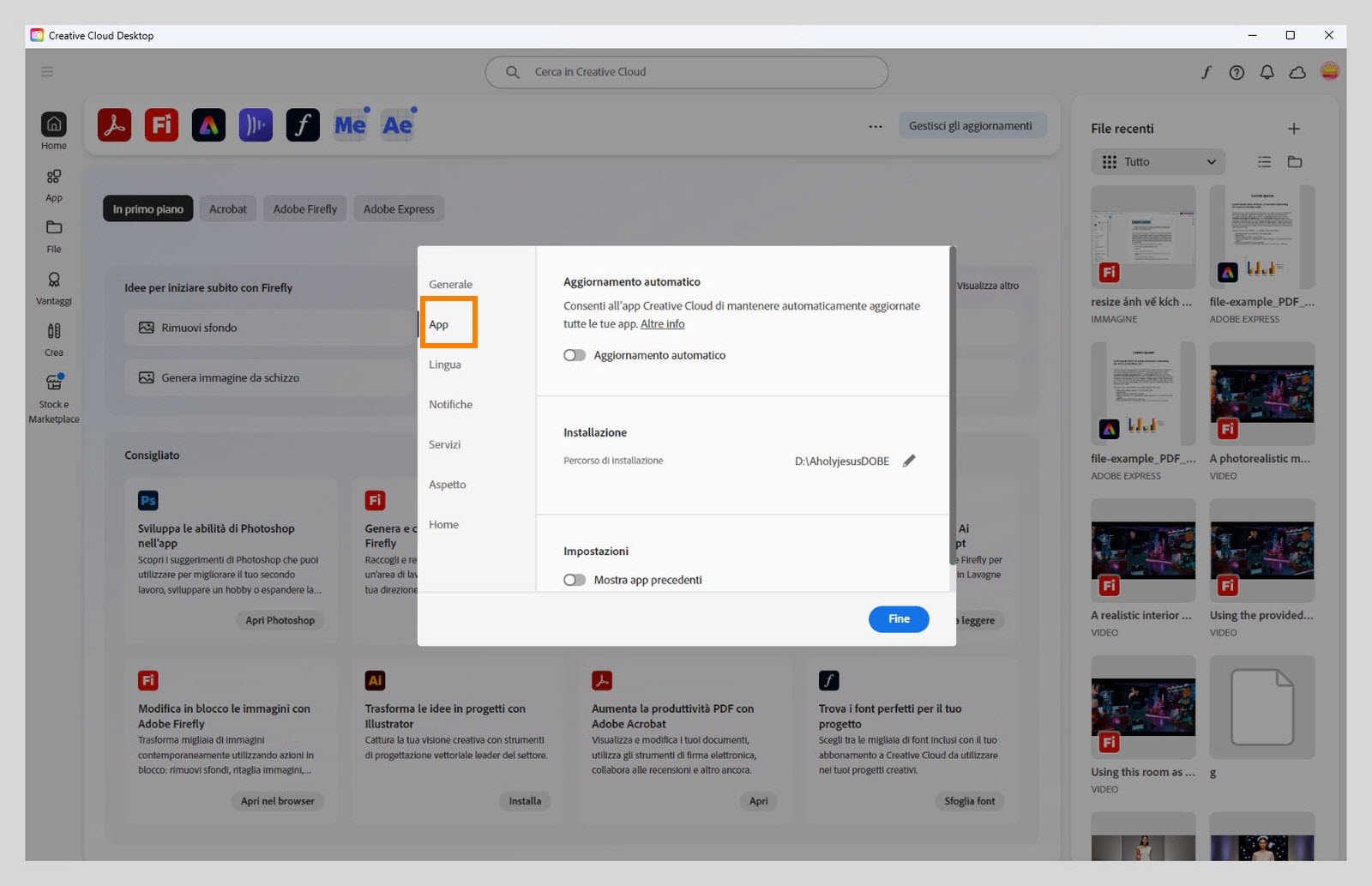 La sezione App nelle Preferenze di Creative Cloud mostra le Impostazioni di aggiornamento automatico, posizione di installazione e larghezza di banda.