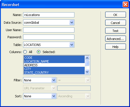 Colonne del recordset selezionate per una pagina principale