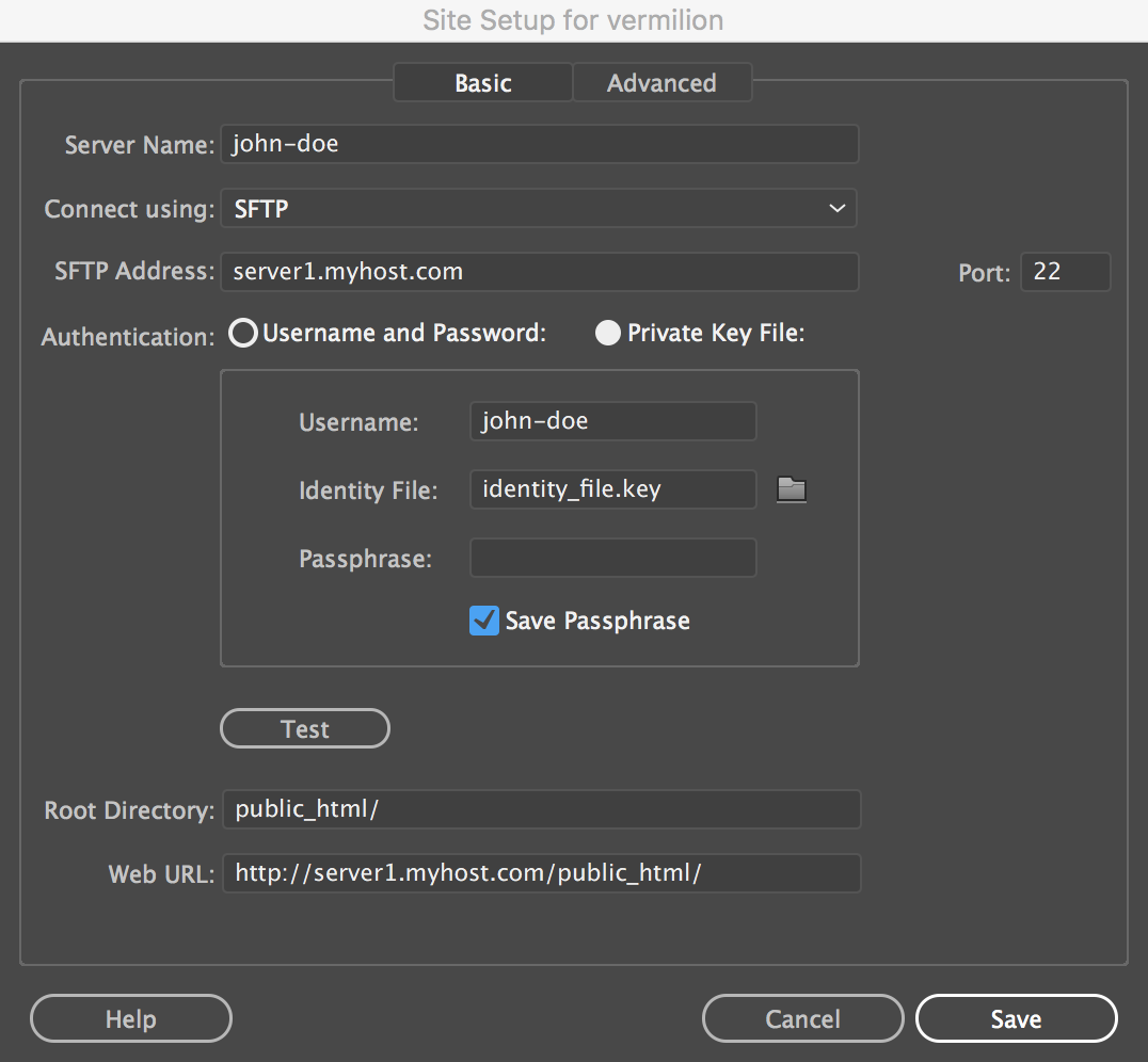 Configurazione del sito con connessione SFTP - file di identità Configurazione del sito con connessione SFTP - file di identità