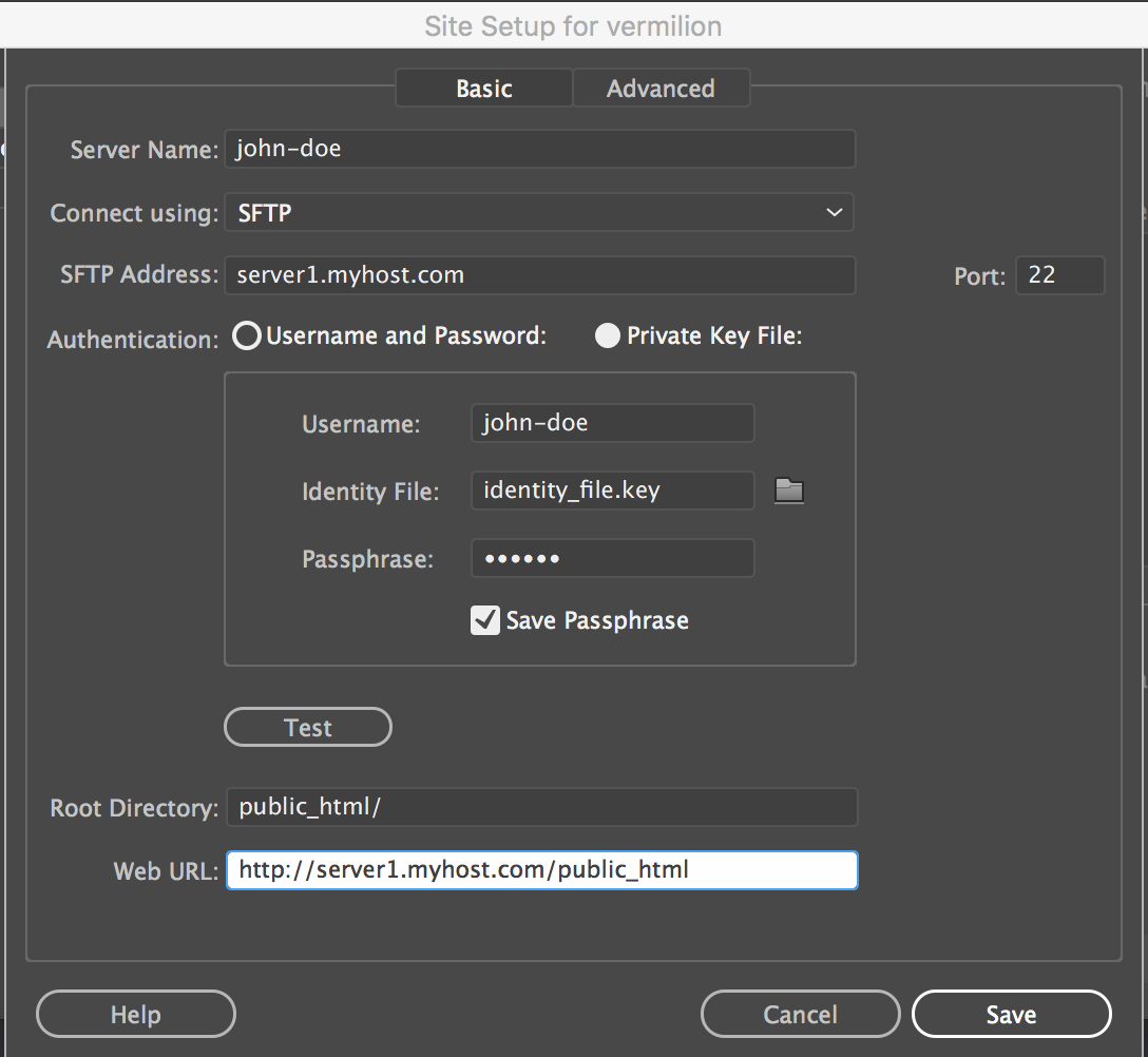 Configurazione del sito con connessione SFTP - file di identità Configurazione del sito con connessione SFTP - file di identità