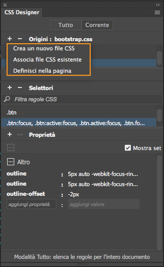 Utilizzare il pannello CSS Designer in Dreamweaver