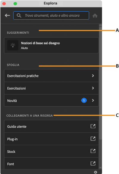 L'interfaccia del pannello Scopri nell'area di lavoro di Illustrator