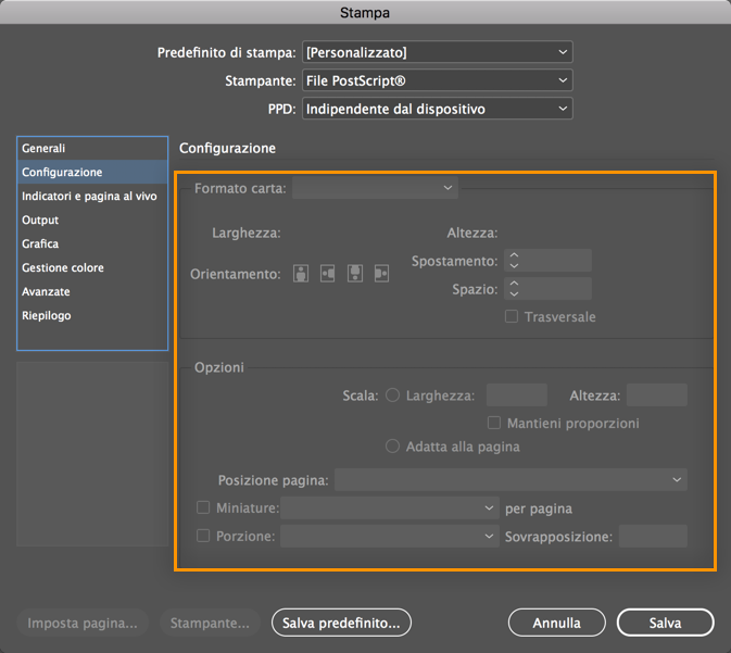 Impossibile personalizzare le opzioni della pagina durante la stampa