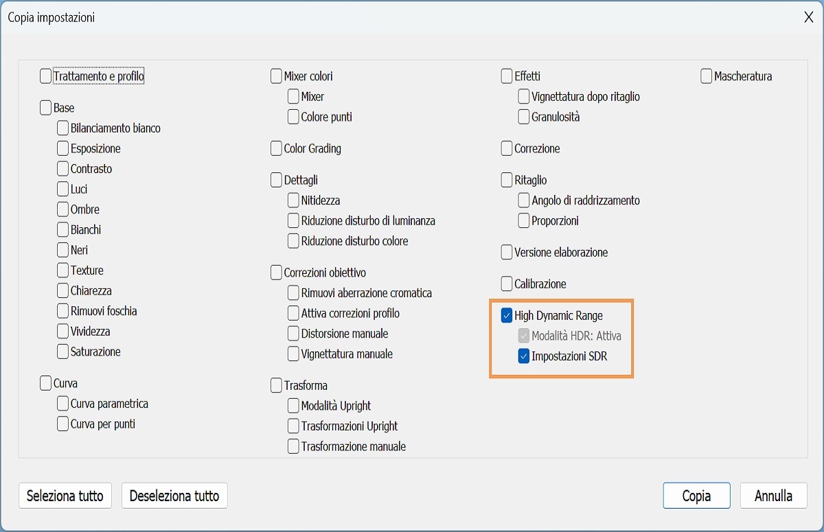 Copiare e incollare un’impostazione per HDR