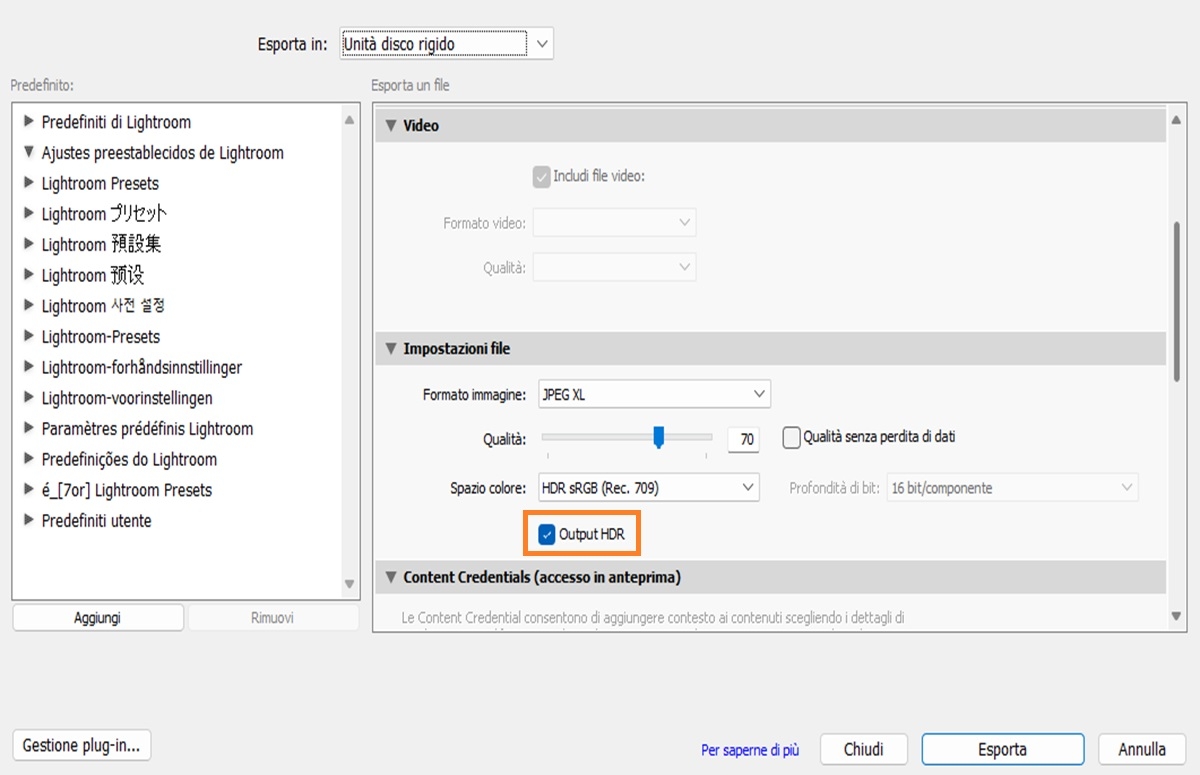Impostazione Esporta HDR
