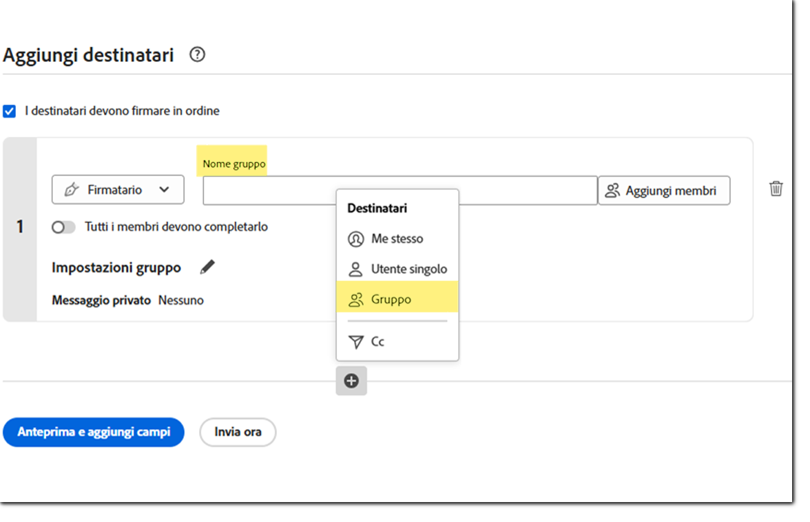 Pagina Invia che evidenzia il collegamento Aggiungi gruppi di destinatari e mostra i campi di inserimento ad-hoc per i gruppi di destinatari