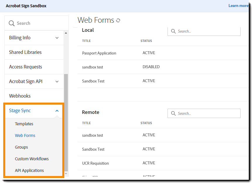 Pagina Gestisci con la sezione di sincronizzazione sandbox evidenziata