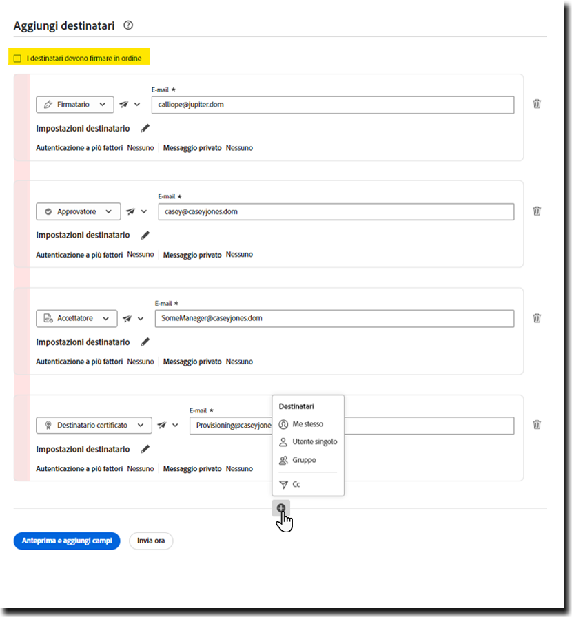 Configurazione della firma parallela nella pagina Invia con il controllo “I destinatari devono firmare in ordine” disabilitato ed evidenziato