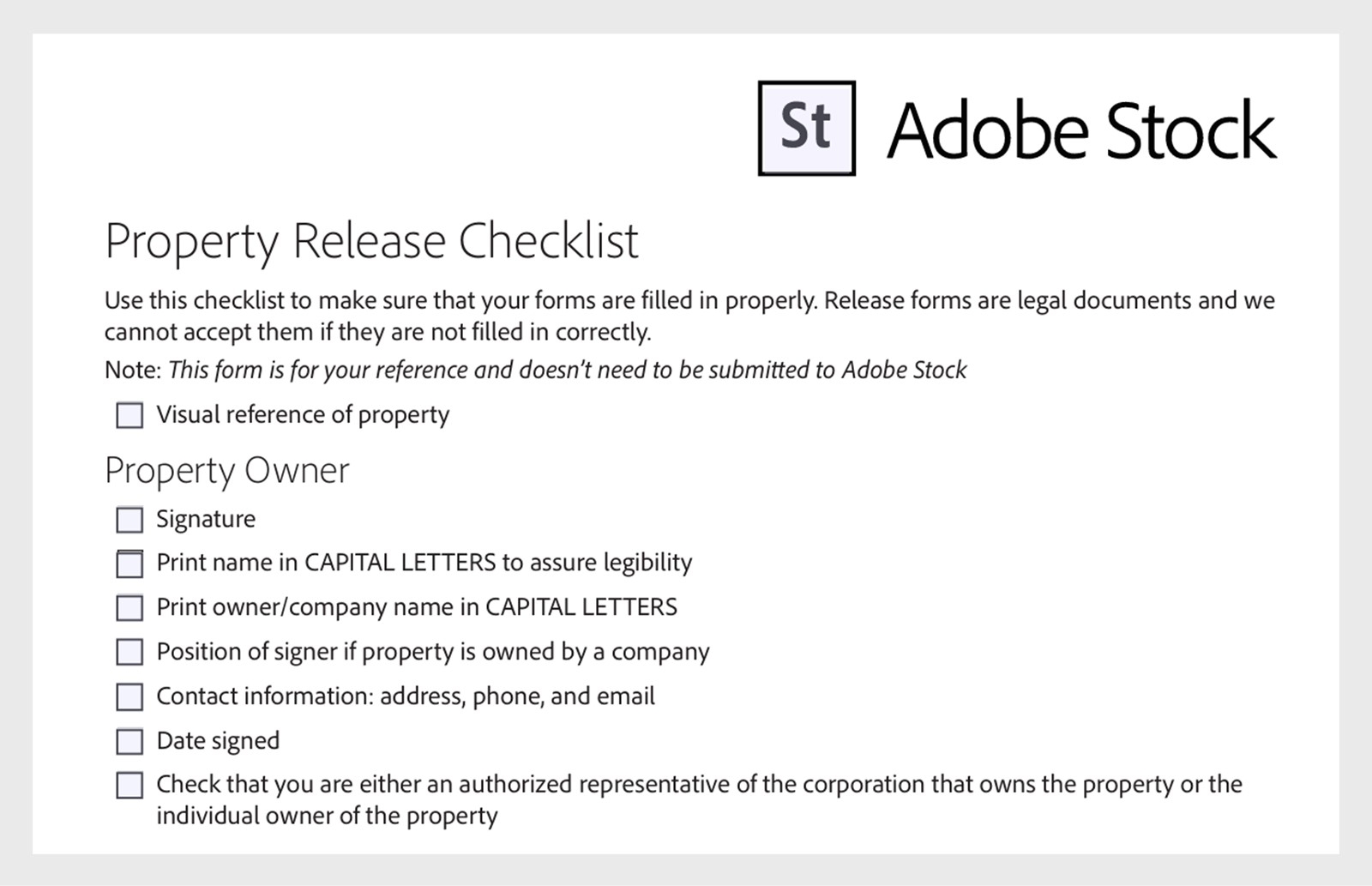 Modulo checklist della liberatoria di proprietà Adobe Stock che mostra sezioni per i dettagli del proprietario dell'immobile, informazioni sulla proprietà, informazioni sull'artista e requisiti per i testimoni con caselle di controllo per ogni elemento.