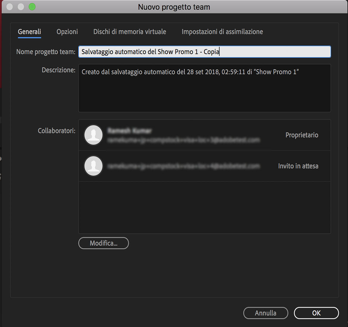 Finestra di dialogo per nuovo progetto team creato da un salvataggio automatico