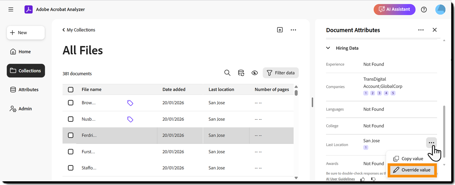 抽出された属性値で省略記号メニューが開き、「値を上書き」が利用可能になっています。