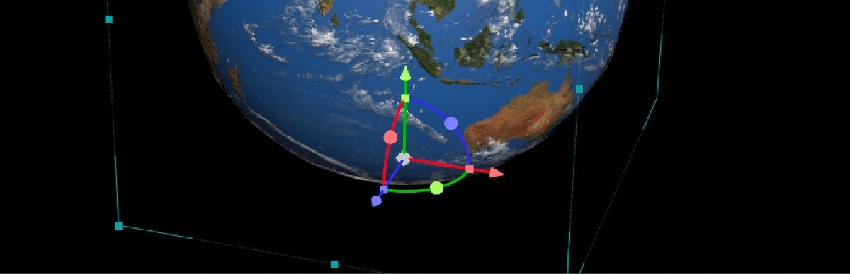 コンポジションパネルで 3D モデルが選択され、プライマリギズモが有効になっています。