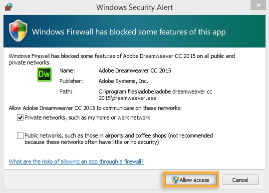 「アクセス許可」ボタン Windows ファイアウォール