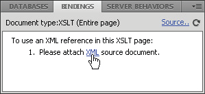 バインディングパネルで「XML」をクリックします