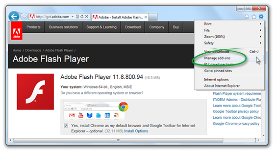 Explorer 向け Flash Player の有効化