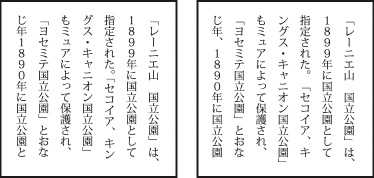 「行末約物全角」を適用したテキスト（左）と「約物全角」を適用したテキスト（右）