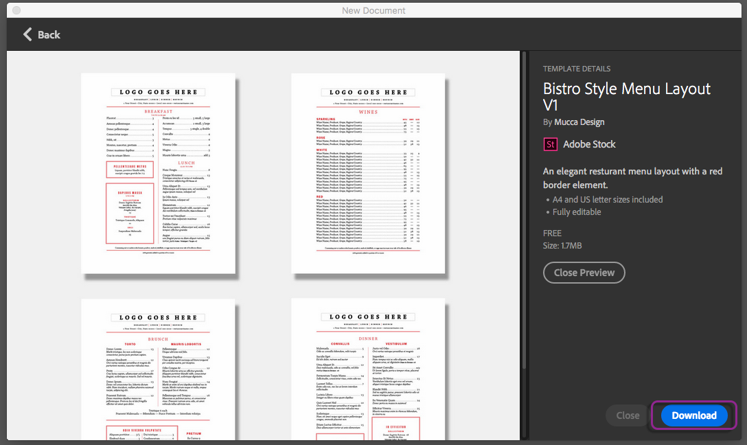 多種多様なテンプレートとプリセットからのドキュメントの作成